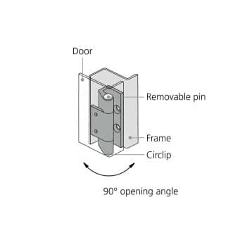 LD-Model-19-HI-installation Opening angle and installation diagram of Concealed & Removable Enclosure Hinge with Pin and Circlip
